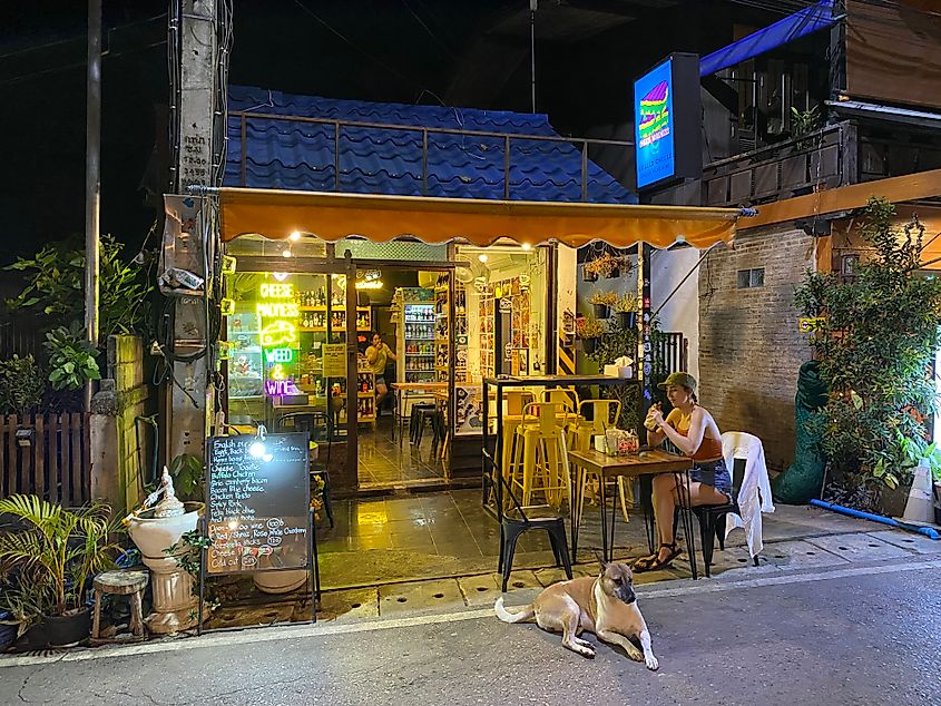 A woman eats a grilled cheese outside of a funky streetside restaurant called Cheese Madness.
