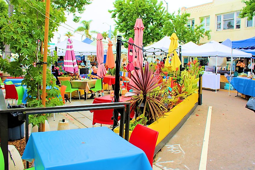 Restaurant surrounded by a Street Fair taken in the Carlsbad Village, CA