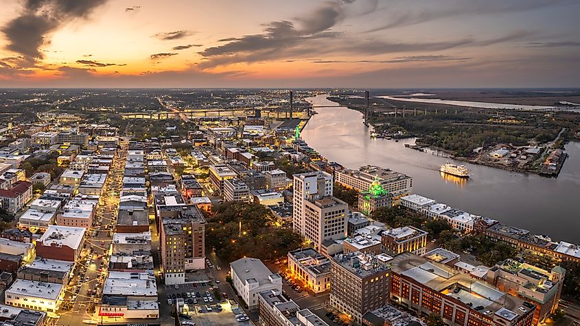 Savannah, Georgia. Historic American architecture of old historical city. USA Southern cityscape at sunset.