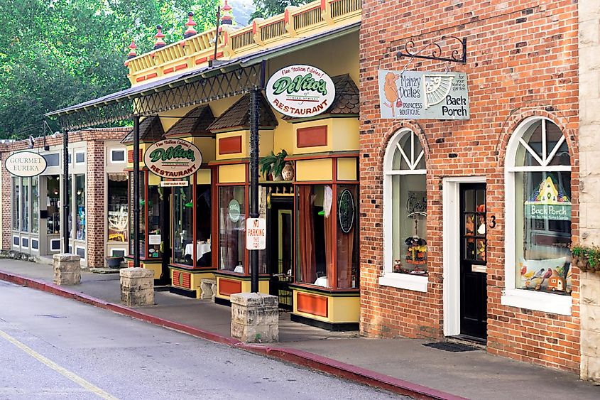 Shops on Center Street in Historic Downtown Eureka Springs, Arkansas. Editorial credit: rjjones / Shutterstock.com
