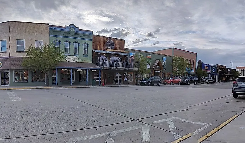 Street and storefronts along the Main Street in Gunnison, Colorado.