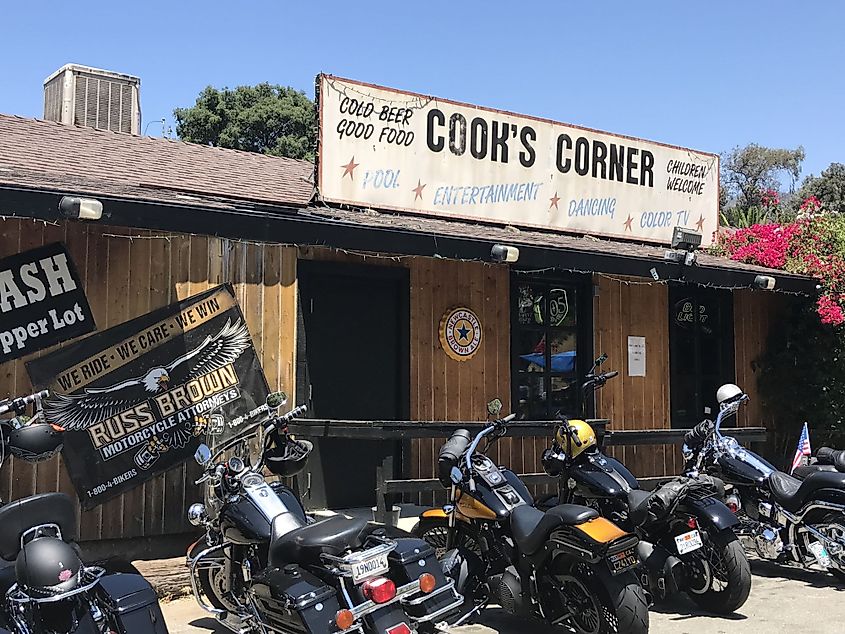 Bikers from near and afar travel to Cook's Corner, a local landmark and biker bar in Trabuco Canyon, California. 