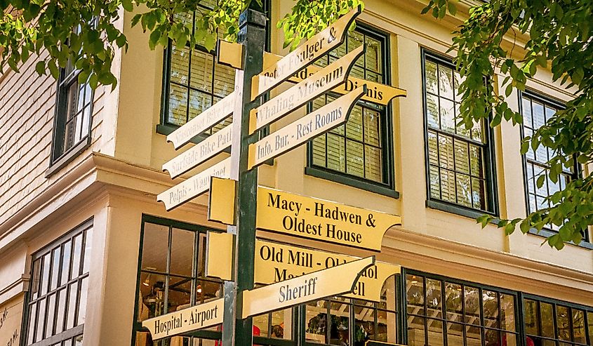 A street sign shows the way on Main St. in Nantucket, MA