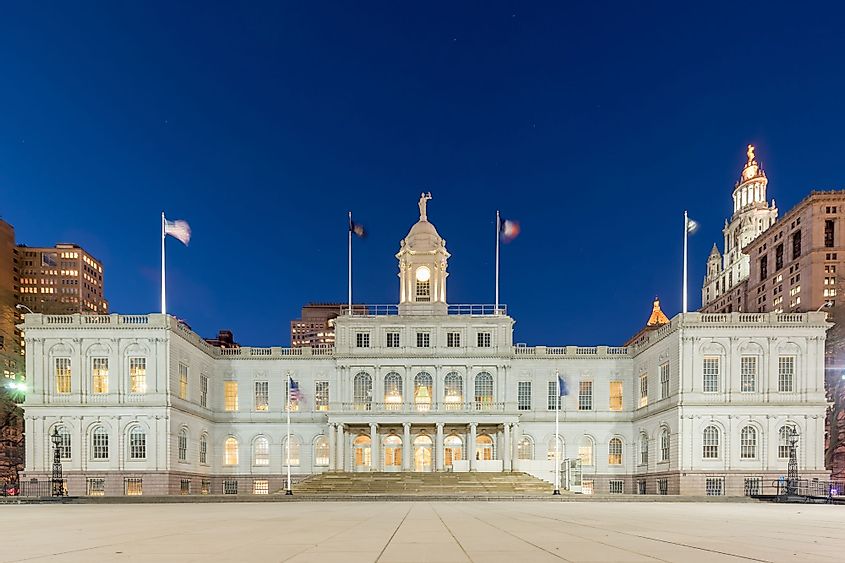 A view of the New York City Hall at night
