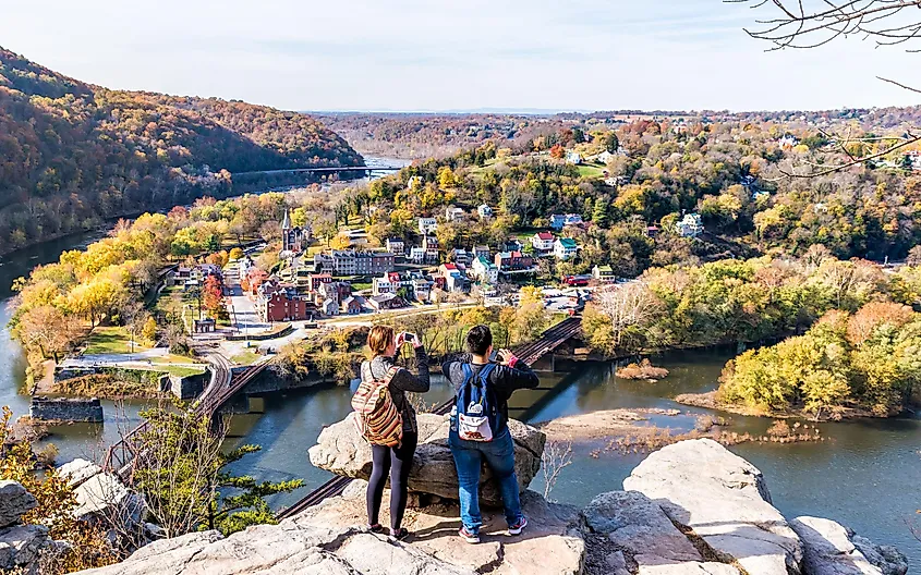 Aerial view of Harpers Ferry, West Virginia, at the meeting of two rivers.