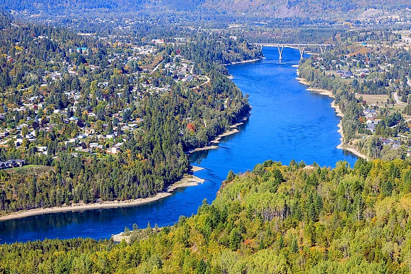 View of the Columbia River and Selkirk Mountains in Castlegar, West Kootenay, British Columbia, Canada.