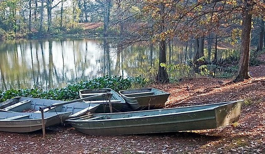 Boats sitting at the edge of the water at Chemin-A-Haut State Park in Bastrop, Louisiana.
