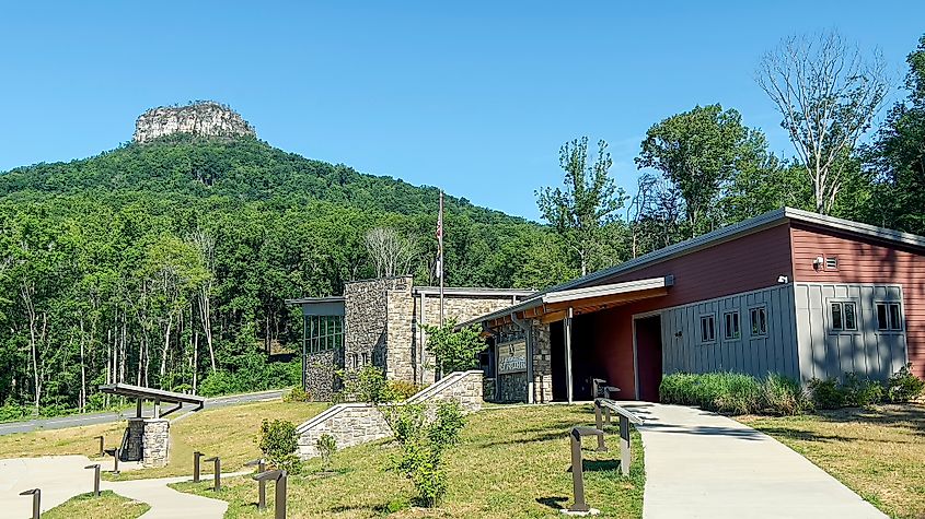 Visitor Center overlooking the pinnacle peak at Pilot Mountain in North Carolina 