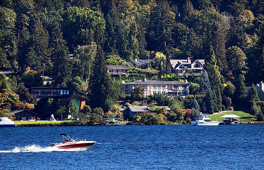 Red Speedboat on Lake, Washington State and, Mercer Island, from Seward Park Homes