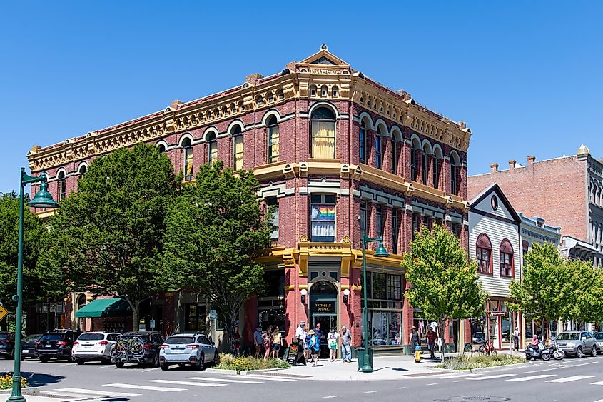 View of downtown Water Street in Port Townsend Historic District lined. 