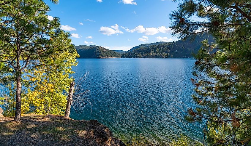 Autumn view from the Centennial Trail of Lake Coeur d'Alene and the Mineral Ridge Scenic area from near Higgens Point in Coeur d'Alene, Idaho