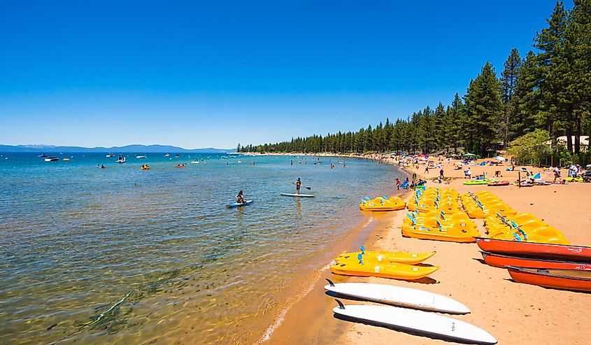 People enjoying a day at the beach in Lake Tahoe, California