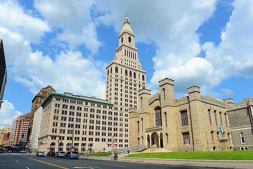 Hartford modern city skyline including Travelers Tower and Wadsworth Atheneum Museum of Art in downtown Hartford, Connecticut