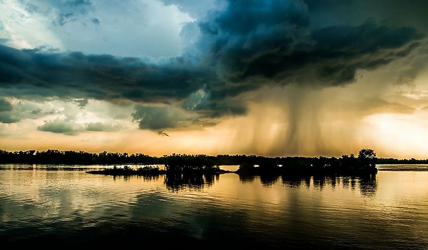 Hurricane over Louisiana. Storm clouds and rain over the Mississippi