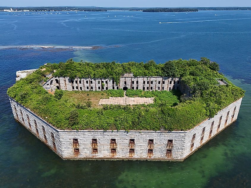 Fort Gorges, a former United States military fort built on Hog Island Ledge in Casco Bay, Maine, United States.