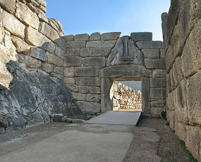 The Lion Gate at Mycenae was the entrance to the citadel of Mycenae in Southern Greece.