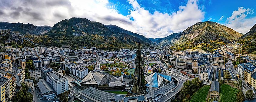 Aerial view of Andorra la Vella, the capital of Andorra, in the Pyrenees mountains between France and Spain