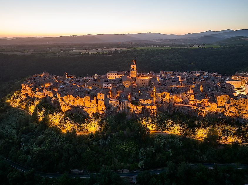 Twilight aerial view of Pitigliano, Italy.