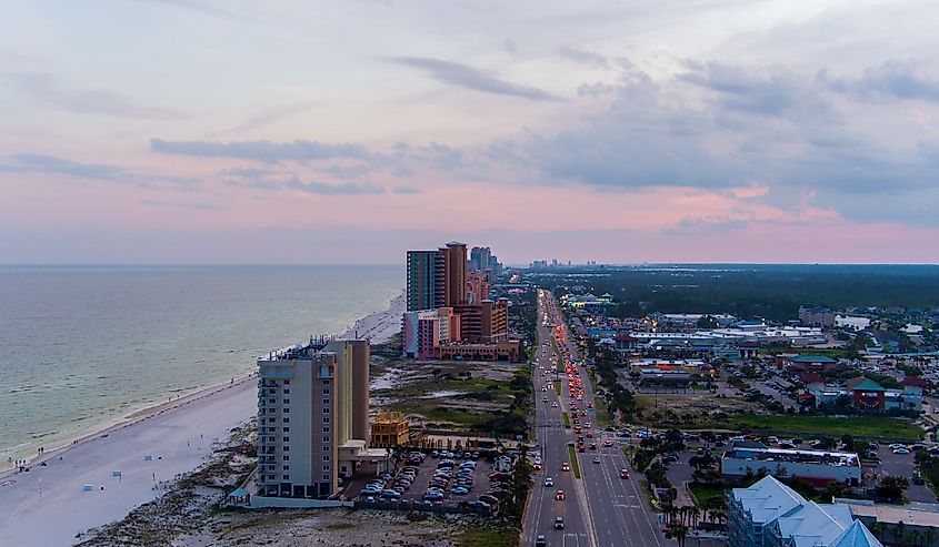 Aerial view of Orange Beach, Alabama at sunset