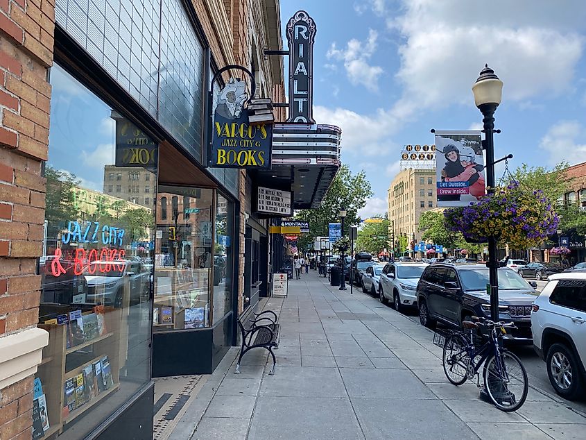 The music venues of downtown Bozeman, with the historic Baxter Hotel seen in the distance.