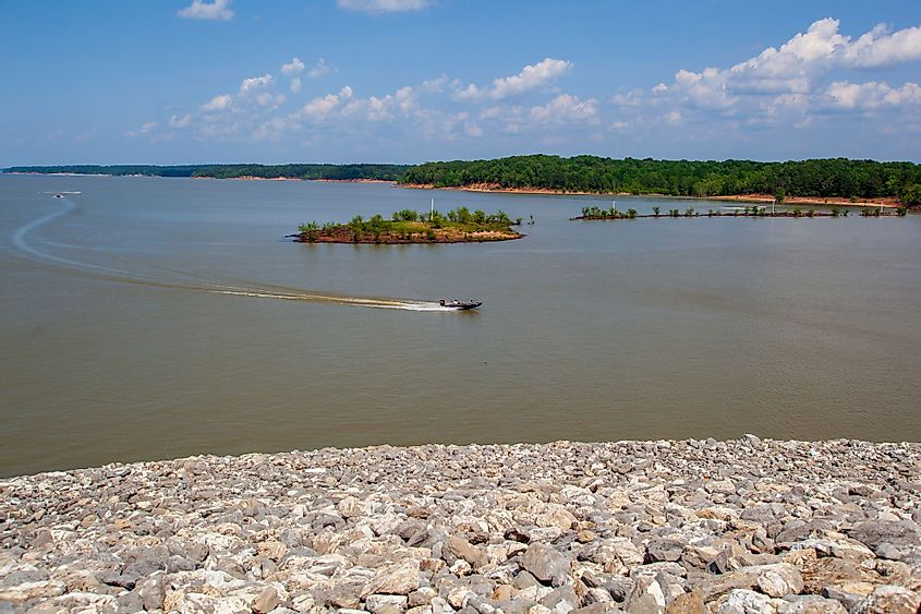 Sardis Dam and reservoir lake on the Tallahatchie River at John W Kyle State Park in Panola County, Mississippi.