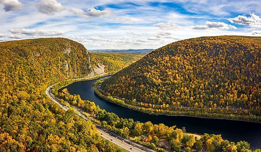 Aerial view of Delaware Water Gap on a sunny autumn day. The Delaware Water Gap is a water gap on the border of the U.S. states of New Jersey and Pennsylvania