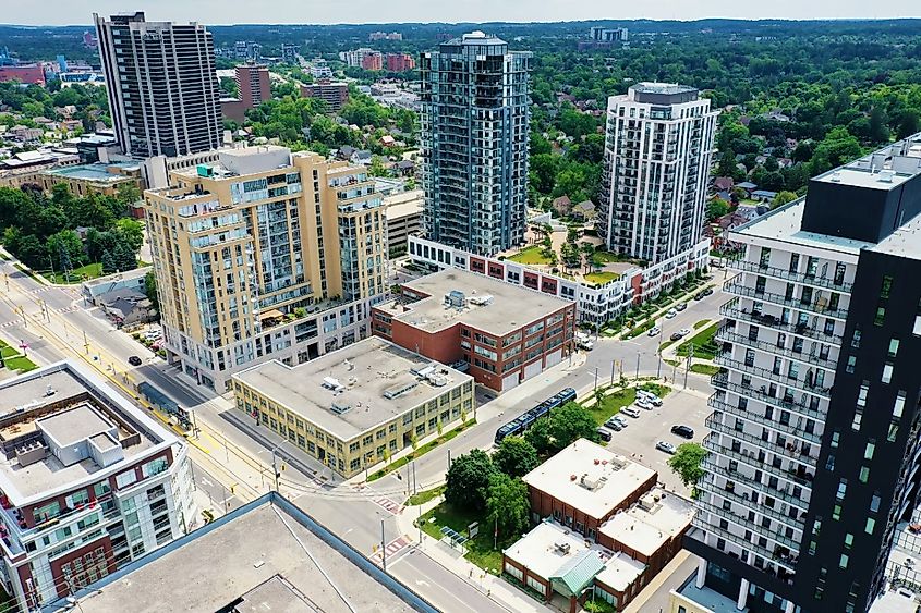 An aerial of Waterloo, Ontario, Canada city center