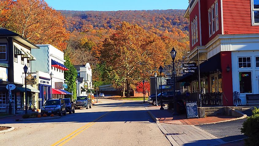 An autumn view of the main street of the Allegheny Mountain town of Hot Springs, Virginia, via The Old Major / Shutterstock.com