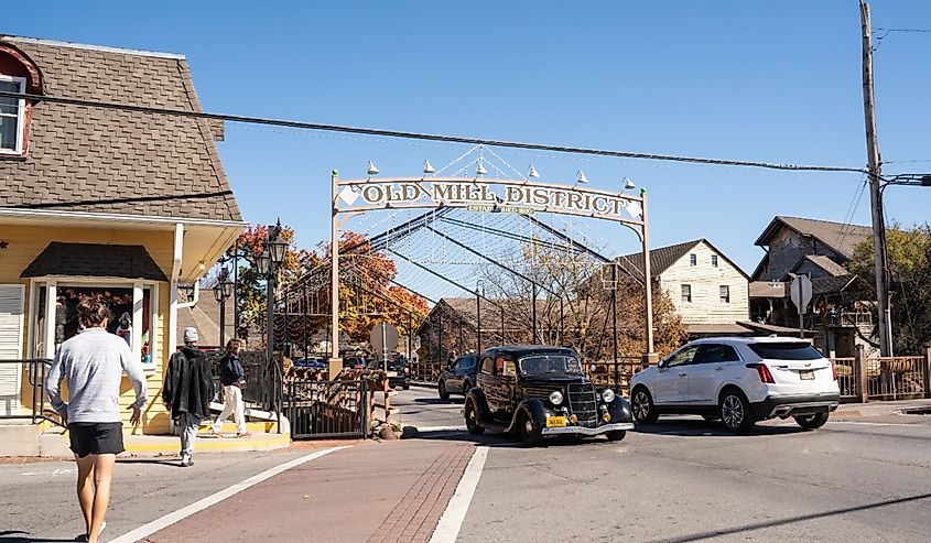 View of historic Old Mill District in the tourist area of Pigeon Forge Tennessee on a sunny autumn day.