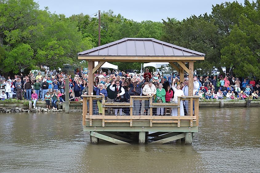Well-wishers gather to bless the shrimp boats at the Lowcountry Blessing of the Fleet.