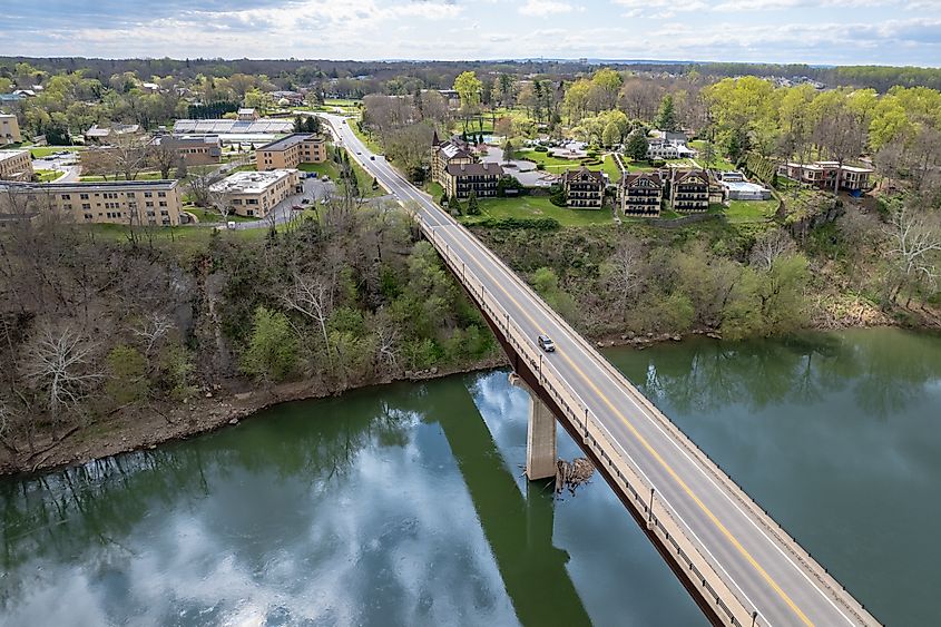 Aerial view of the Shepherdstown Pike Bridge, connecting Sharpsburg, MD to Shepherdstown, WV.