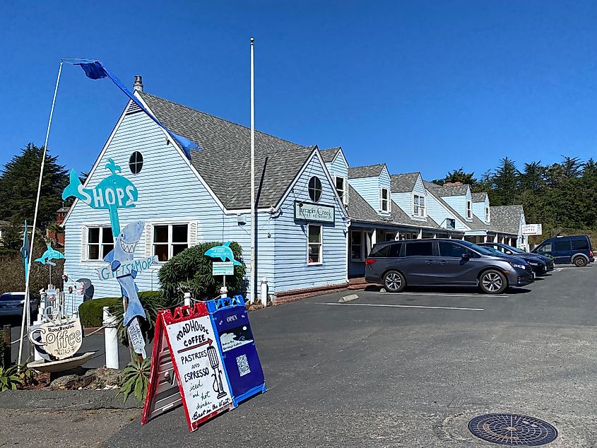 A row of quaint coffee shops and galleries with artsy signs at the front of the parking lot