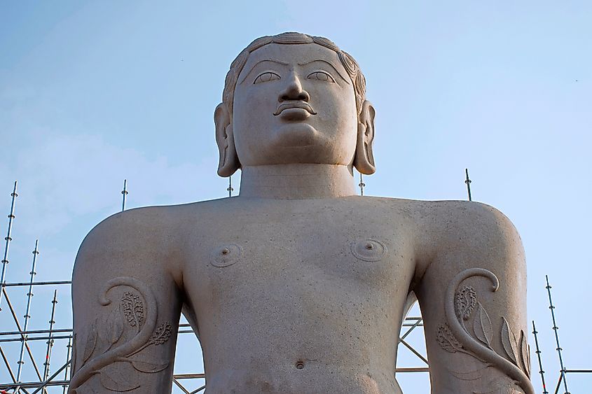 Close view of the colossal Gomateshwara monolithic statue