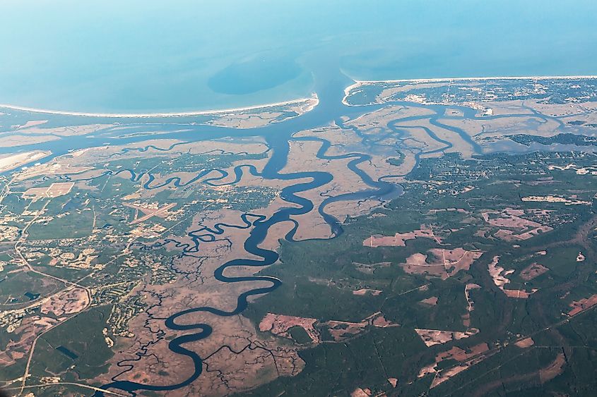 Aerial view of the St. Marys river meandering through Georgia.