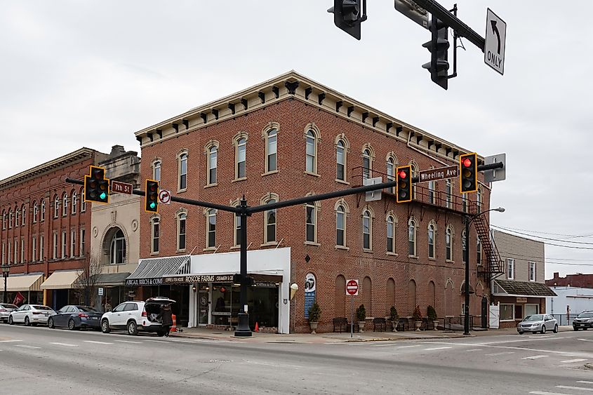 Corner of Wheeling Avenue and 7th Street in downtown Cambridge's historic district.