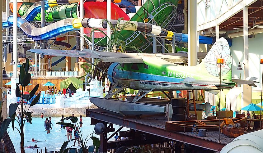 View of the Aquatopia indoor waterpark at the Camelback Mountain Resort, a large ski resort in the Poconos mountains in Pennsylvania, United States.