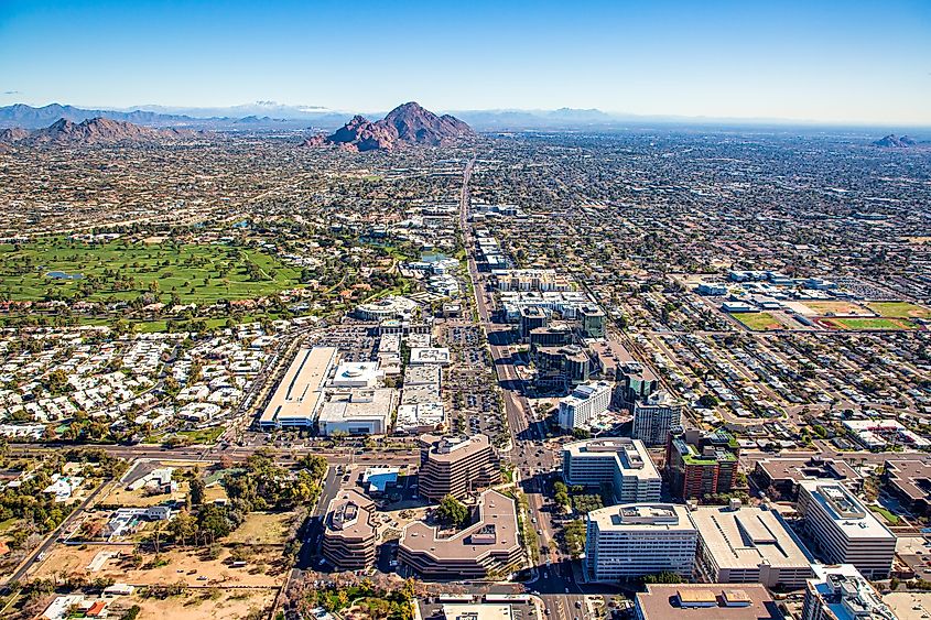 Aerial view looking from West to East above 24th Street along Camelback Road in Phoenix, Arizona