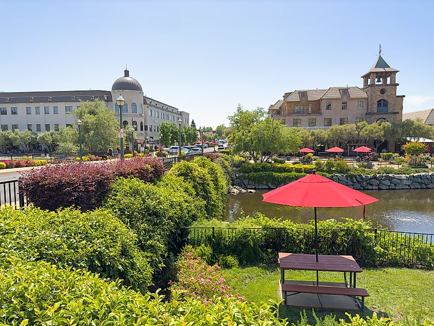 Town Center shopping destination view across the pond, El Dorado Hills, California.