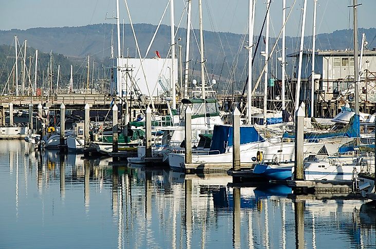 Fishing boats moored in the harbor at Half Moon Bay, California.