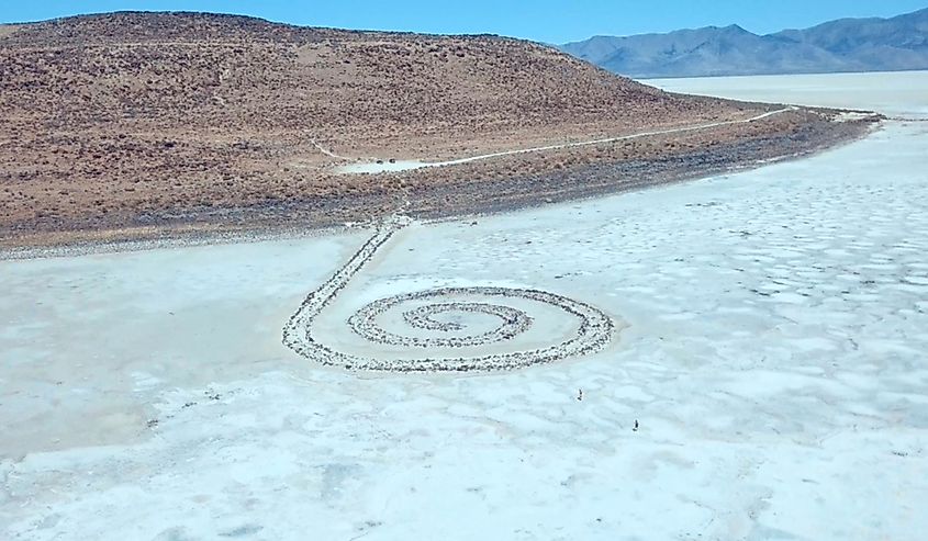 The Spiral Jetty earthwork in the Great Salt Lake, Utah