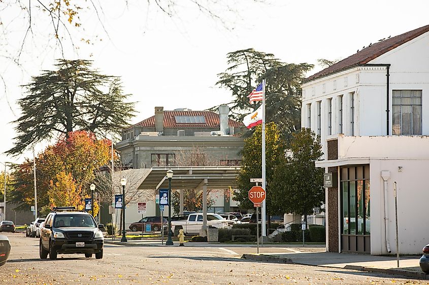 Traffic passes through historic downtown Marysville.