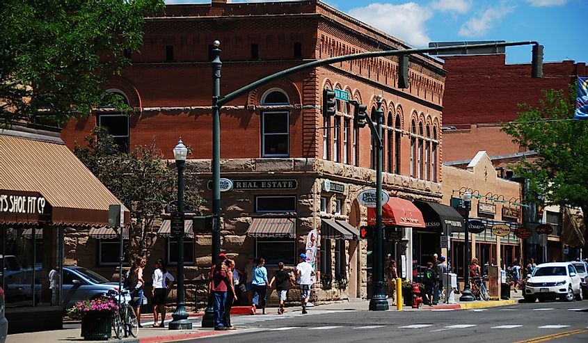 A view of Main Avenue in Durango, featuring the oldest bank building in Colorado
