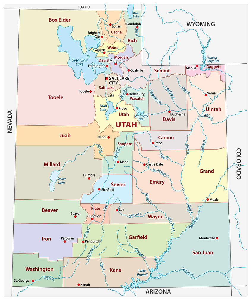 Administrative map of Utah showing its 29 counties, with San Juan County filling the southeastern corner of the state.