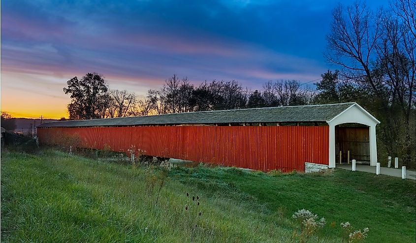 Arguably the longest covered historic bridge in America, the Medora Covered, in rural Jackson County, Indiana.