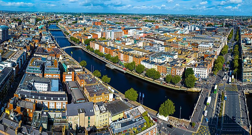 Aerial view of Dublin and river Liffey in summer, Ireland