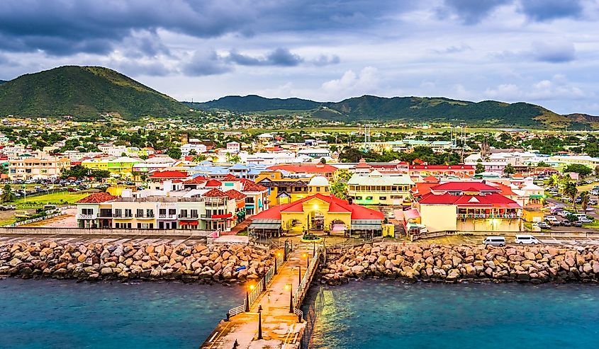 Basseterre, St. Kitts and Nevis town skyline at the port.