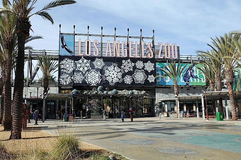 A view of the Los Angeles Zoo front entrance during a chilly winter morning