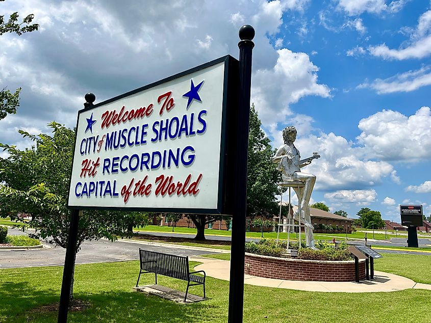 Welcome sign to Muscle Shoals, Alabama. Editorial credit: Luisa P Oswalt / Shutterstock.com