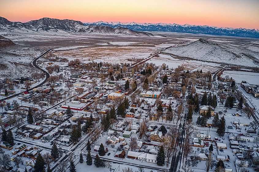 Aerial View of Saguache, Colorado, at the edge of the San Luis Valley.