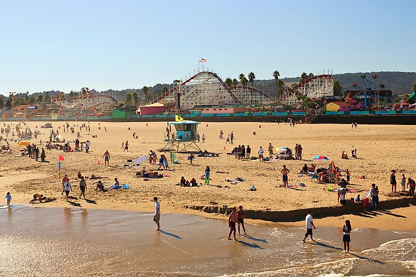 A busy day at the beach in Santa Cruz, California.